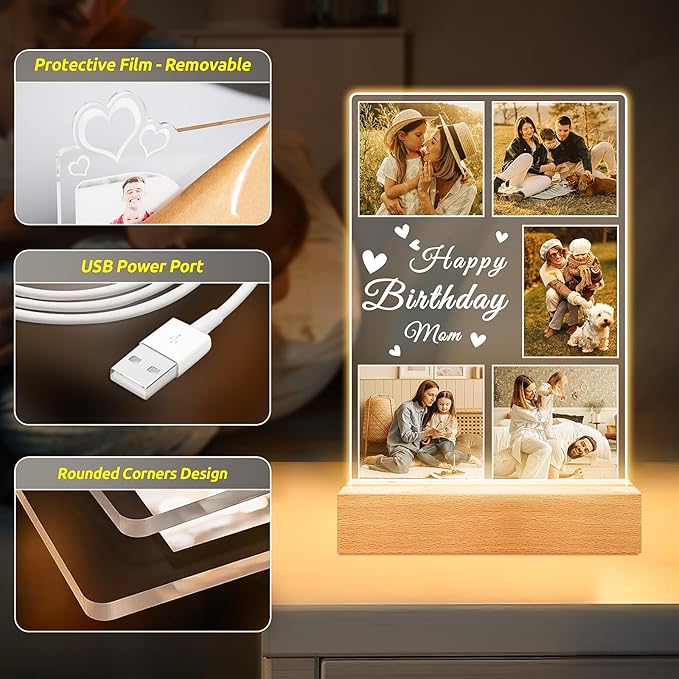 Personalized Birthday Gifts for Mom from Daughter Son, Custom Collage Picture Frames with Night Light, Customized Acrylic Plaque Photo Frame, Personalized Photo Gifts for Mom, Baby, Kids, Family