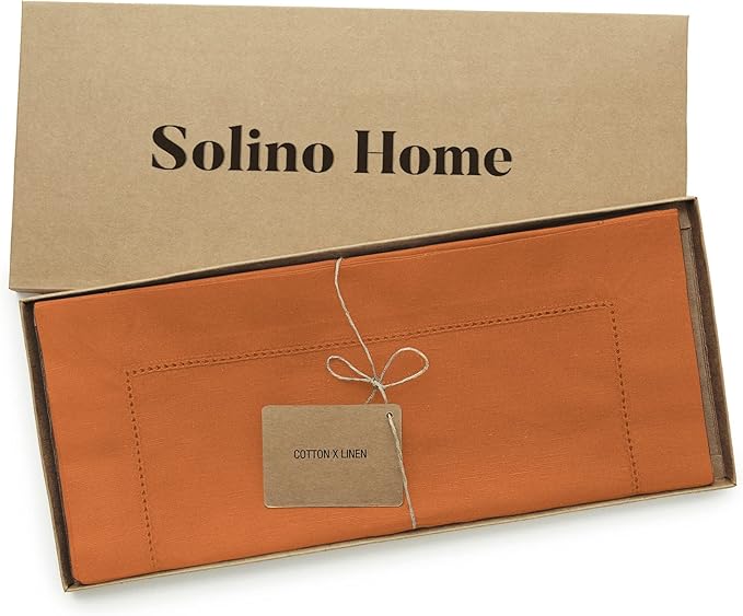 Solino Home Cotton Linen Pumpkin Table Runner 90 Inches Long - Hemstitch 14 x 90 Inch Table Runner for Fall, Autumn, Halloween, Thanksgiving, Holiday - Handcrafted and Machine Washable