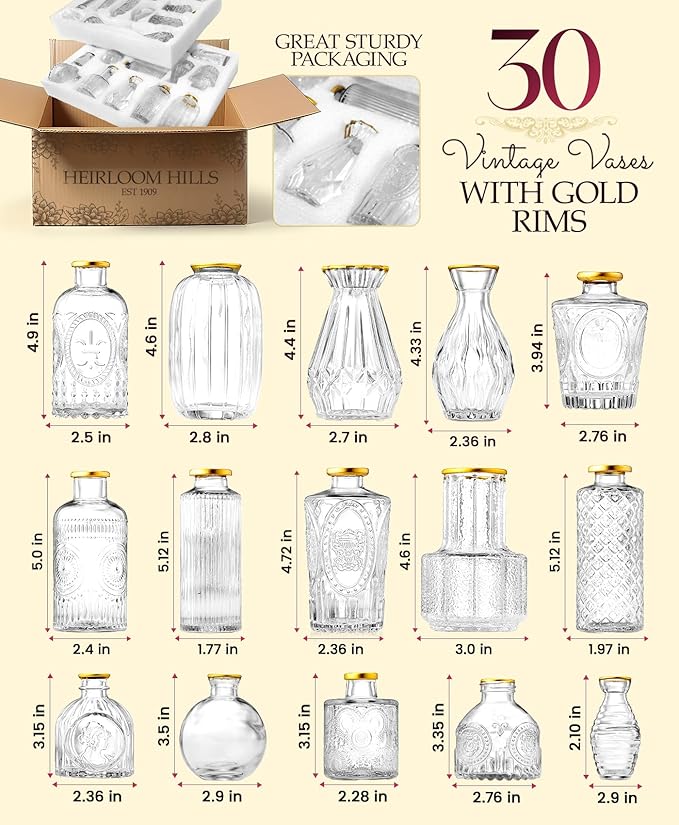 Premium Heirloom Hills Bud Vases for Home Decor, Crystal Clear Glass Flower Vase Set of 30 with Hand-Painted Gold Rims, Small Vases for Centerpieces and Wedding Decorations (Clear, Set of 30)