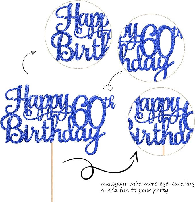 1 PCS Happy 60th Birthday Cake Topper Glitter Cheers to 60 Years Birthday Cake Pick 60 Fabulous Cake Decoration for Happy 60th Birthday Anniversary Party Decorations Supplies Blue