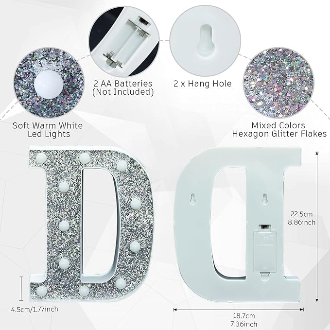 Light Up Letters, Marquee Light for Table Decorations, Glitter Signs for Prom, Events, or Engagement Party Decor, Featuring Alphabet & Number Lighted Letters, Letter D