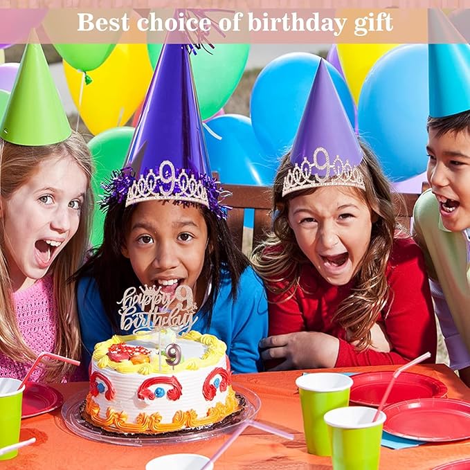 9th Birthday Decorations for Girl Including Sash, Crown, Numeral Candle and Cake Topper, 9 Year Old Girls Party Favor Supplies