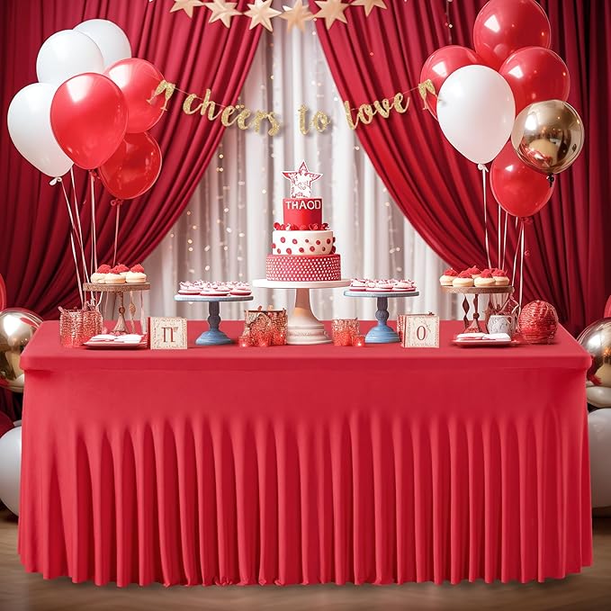Wish Care 6 Pack Red Spandex Table Clothes for 8 Foot Rectangle Tables, 8FT Wrinkle Free Fitted Tablecloths Ruffles Design Table Cover for Party, Banquet, Wedding and Events