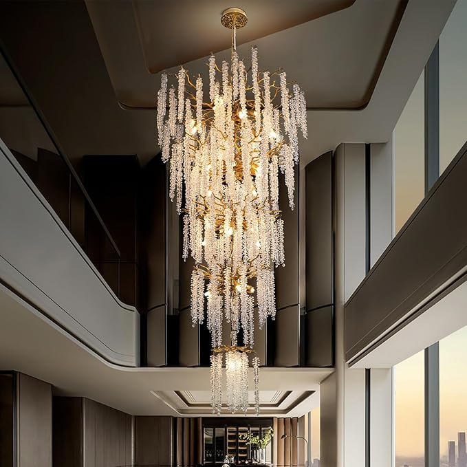 YUYI Upgraded 118'' Long Crystal Chandelier for High Ceiling, 28-Light Modern Gold Tree Branch Chandelier, Large Chandeliers for Foyer, Entryway, Staircase, 5-Tier Luxury K9 Raindrop Light Fixtures
