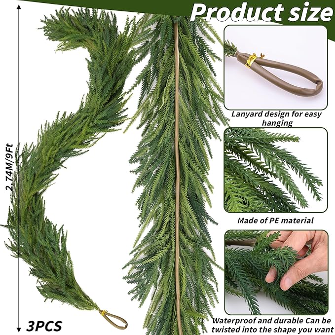 4 Pcs Artificial Norfolk Pine Garlands Christmas, 9 FT Dense Real Touch Winter Pine Garland Ornament, Green Artificial Greenery Garland for Table, Mantle, Wall, Indoor, Outdoor Christmas Decorations