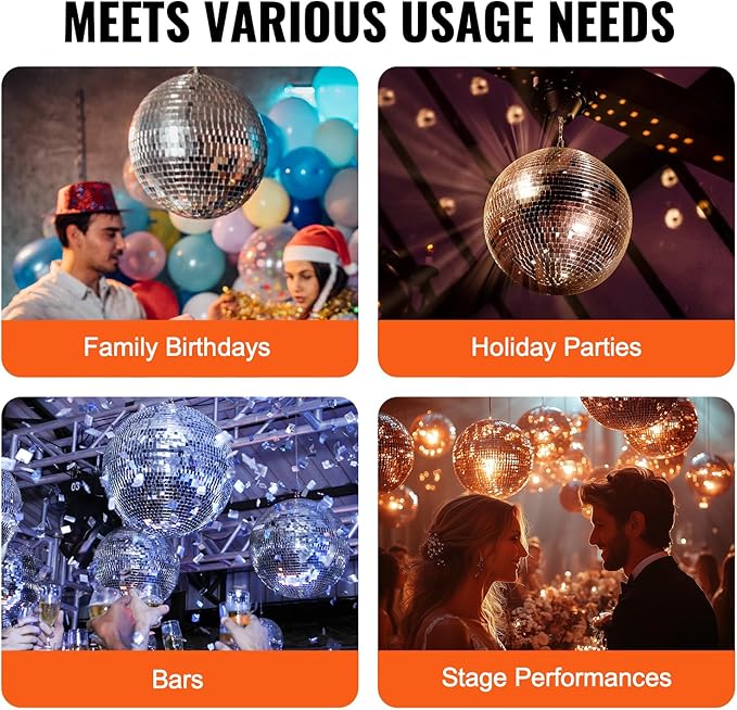 VEVOR Mirror Disco Ball, 16 Inch Party Mirror Ball with Hanging Ring, Large Lightning Disco Ball Party Decorations, Ideal for DJ Club, Stage, Wedding, Birthday, Christmas, New Years Celebration