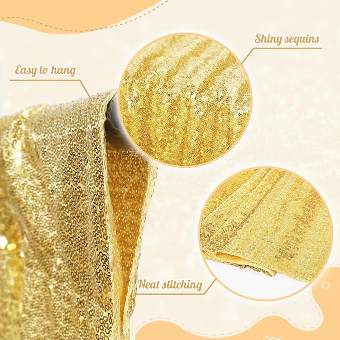 PartyDelight Sparkly Gold 8FT X 8FT Sparkly Sequin Backdrop Curtains for Wedding Party Room Decorations