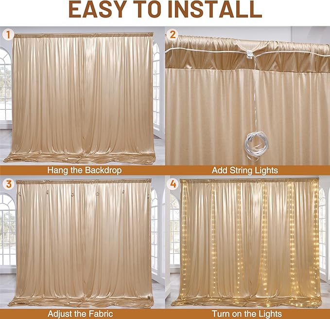 PartyVillage 20x10FT Champagne Gold Sequin Backdrop Curtain with String Lights – 4 Panels 5x10FT Sparkly Wrinkle-Free Glitter Backdrop Drapes for Wedding, Birthday, Photography, Graduation Party Décor