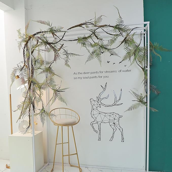 78.7 in Height Set of Artificial Tree Branches with 4pcs Persian Fern Leaves Fake Tree Vines Trunk Twigs Silk Moss Green Plants for Wall Hanging Home Wedding Backdrop Room Shop Decoration