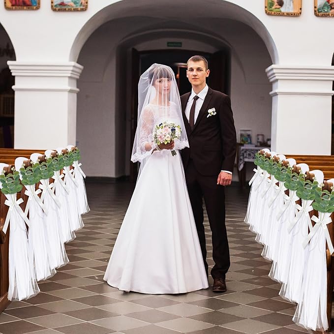 26 Sets of Wedding Aisle Decorations, White Tulle Chair Sashes with Bow Ribbons and Artificial Eucalyptus Stems for Church Pews, Wedding Ceremony Chair Decor