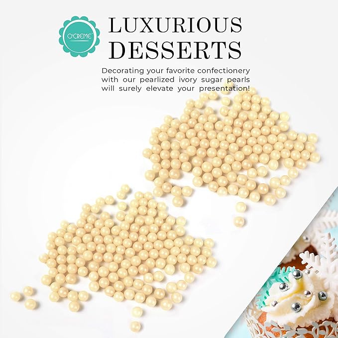 O'Creme Ivory Edible Sugar Pearls Cake Decorating Supplies for Bakers: Cookie, Cupcake & Icing Toppings, Beads Sprinkles For Baking, Certified, Candy Sugar Ball Accents (2mm, 32 Oz)
