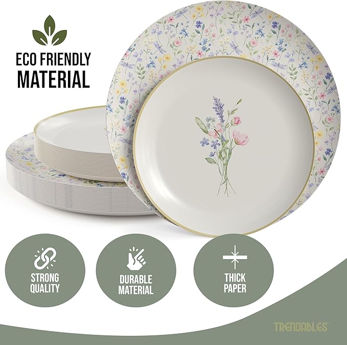 Trendables Heavy Duty Paper Plates Set For 16 Guests - 16 Each Of 8-inch And 10-inch Disposable Plates For Party - Fancy 32 Piece Dinnerware Set For All Occasions | Floral Design, Charm