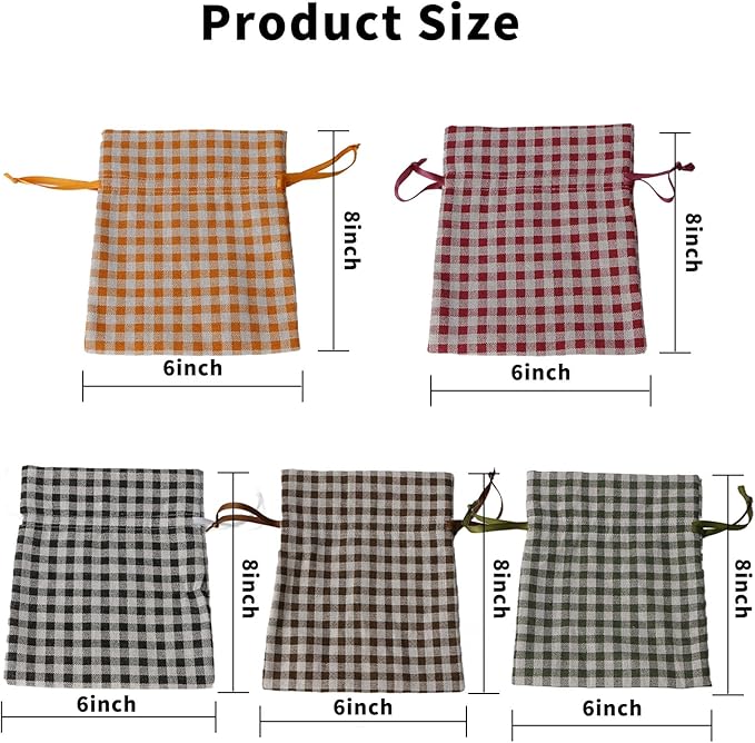 Meseey 5 Pcs Large Fall Burlap Bags with Drawstrings Buffalo Plaid Gift Bags Gingham Sacks Bags Reusable Pouch Bag for Thankgiving Birthday Party (fall plaid set 8Inch)