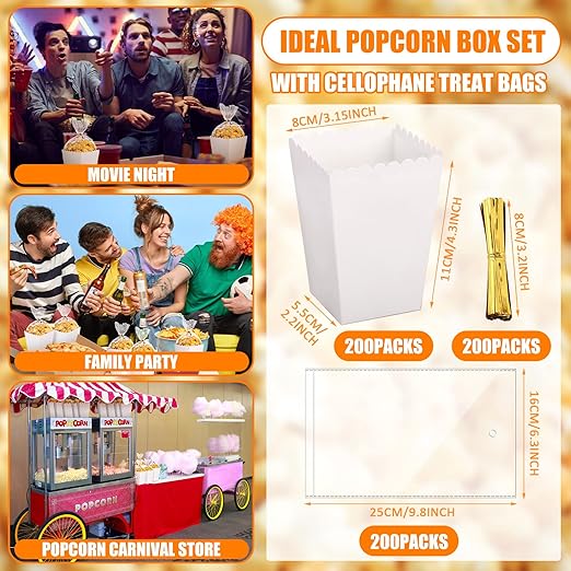 400 Pcs Zopeal Mini Popcorn Boxes and Clear Treat Bag Set, Bulk Popcorn Bags Open Top Paper Popcorn Containers with Treat Bags Popcorn Candy Boxes for Movie, Party, 3 x 4 Inch (White)