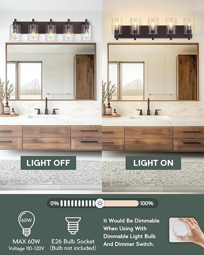 5-Light Bathroom Light Fixtures, 30 Inch Oil Rubbed Bronze Vanity Lights with Cylinder Clear Glass Shade, Modern Vanity Lighting Fixtures Over Mirror, VL143-ORB-5