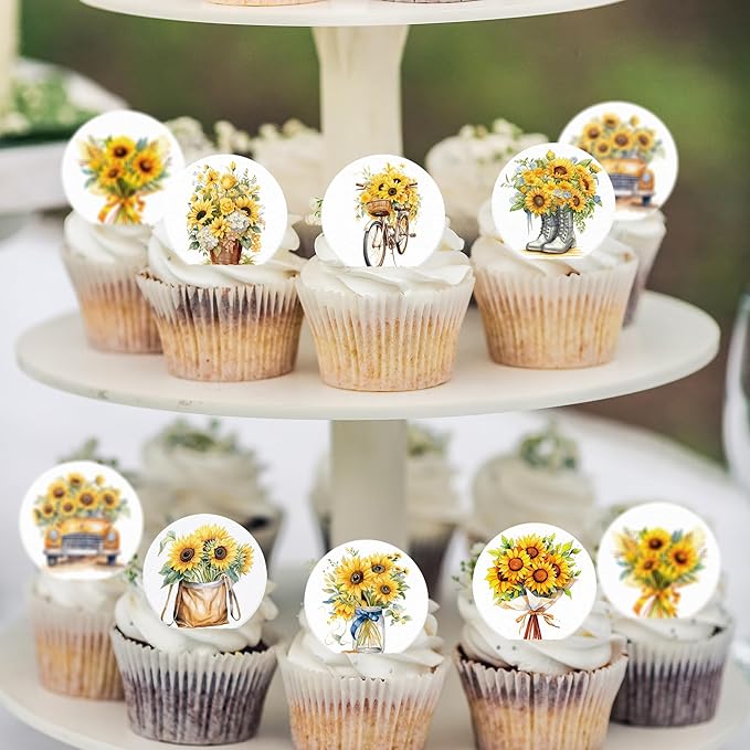 36 Pack Edible Sunflowers Cupcake Toppers Wafer Paper Floiwers Cupcake Picks Edible Yellow Sun Flower Cake Decor for Sunflower Theme Party Wedding Baby Shower Birthday Supplies (Round)