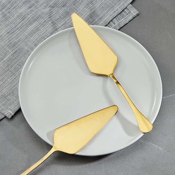 Gold Pie Server Stainless Steel, HOFTEN Cake Pie Pastry Server Set of 5, Professional Dessert Server For Cake Cheese Pie Pizza and more, Serrated Cake Knife （8.93inch Length)