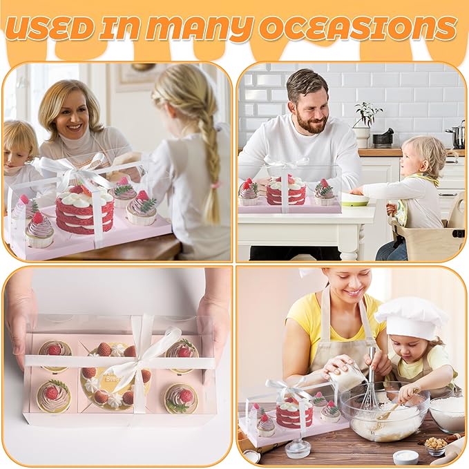 JCD 3Pcs Pink 1+4 Bento Box with Clear Window Bento Cake Boxes Combo Fit 4 Cupcake and 1 Mini Cake for Valentine Wedding Birthday Party Bakery Supplies(Pink 1+4/3Pcs)