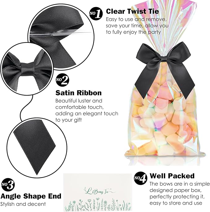 3.5" Black Bow Satin Pre-Tied Bows for Gift Wrapping, Small Bows for Crafts, Premade Bows, Candy Apple Bows, Twist Tie Bows for Cake Decorating, Party Favor, Wedding Decoration-36 Counts
