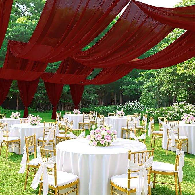 FUHSY Ceiling Drapes Wedding Arch Draping Fabric Chiffon Fabric Drapery Burgundy Chiffon Curtains for Backdrop 5FTx20FT 2 Panels Arch Decorations for Ceremony Party Wedding Archway Ceiling Curtains