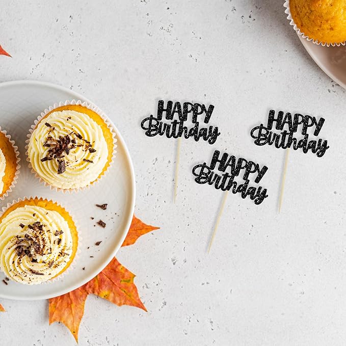 Gyufise Happy Birthday Cupcake Toppers Black Glitter Birthday Cake Topper Picks Dessert Topper Decoration for Birthday Party Anniversary Celebration