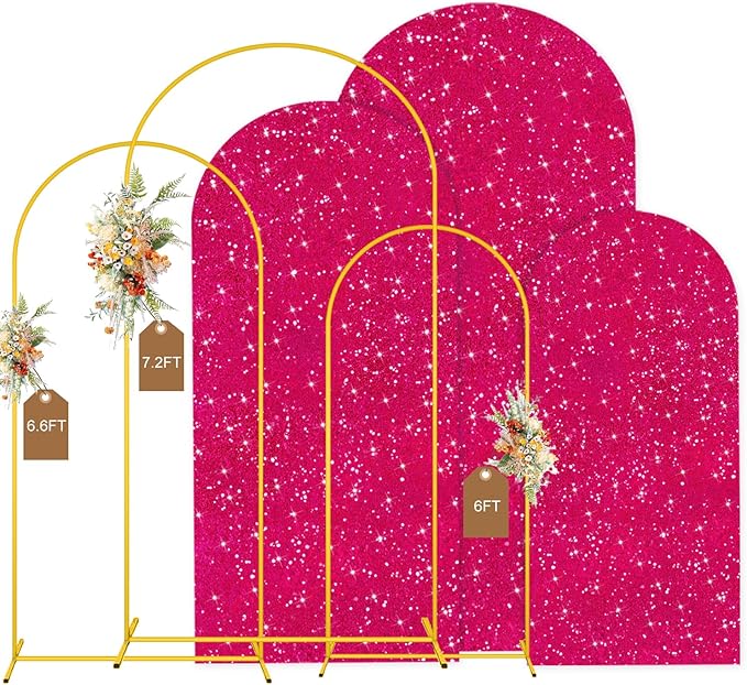 MODFUNS Metal Arch Backdrop Stand and Cover Set 6&6.6&7.2ft Hot Pink Sequins Arch Backdrop Cover Set of 3 Gold Arch Stand with Covers for Baby Shower Birthday Party Banquet Decoration