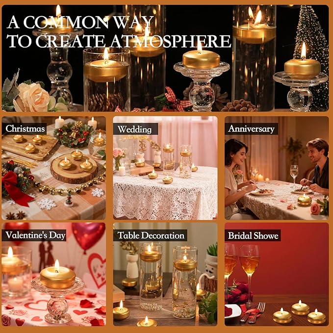 2 inch Gold Floating Candles, 48 Pack Unscented Floating Candles for Centerpieces,5-6 Hours Water Activated Candle Bulk for Cylinder Vases Wedding Pool