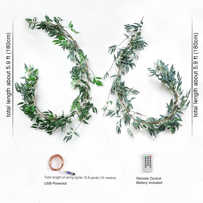 FiveSeasonStuff 2 Mix Rustic Willow Garlands, Bendable Artificial Greenery Vine Leaves for Wedding Home Decoration with 33 Feet String Lights