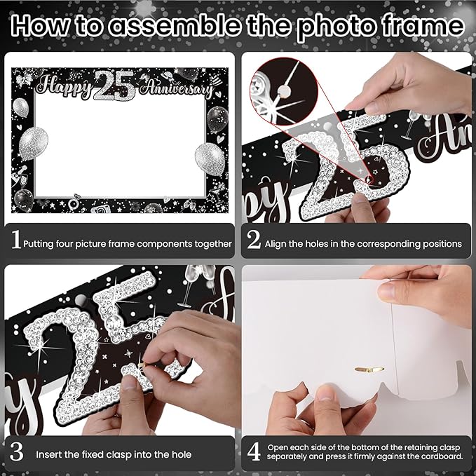 25th Wedding Anniversary Decorations Black Sliver 25th Wedding Anniversary Party Photo Booth Props and Selfie Frame Silver Happy 25 Years Anniversaries Party Supplies for Women Men Cheers to 25 Years
