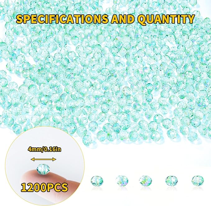 1200Pcs 4mm Crystal Glass Beads for Jewelry Making Beads for Bracelets Necklace Pendants Making Supplies(Light Blue Green)