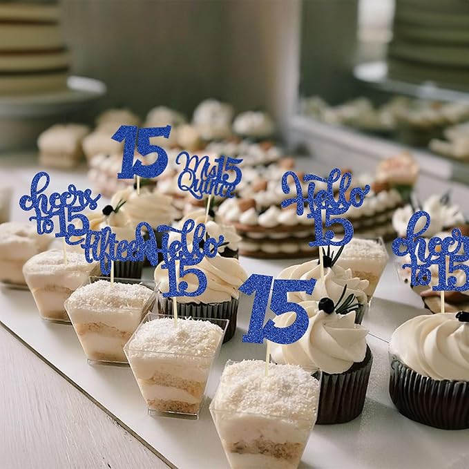 30Pcs 15th Birthday Cupcake Toppers Fifteen Cupcake Picks Cheers to 15 Years Old Mis Quince 15 Cake Decorations for 15th Birthday Anniversary Party Deep Blue Glitter