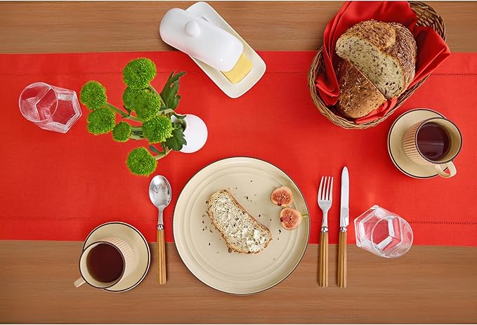 Solino Home Cotton Linen Table Runner 60 Inches - Poppy Red Hemstitch Table Runner 14 x 60 Inch Ideal for Dresser and Coffee Tables - Halloween
