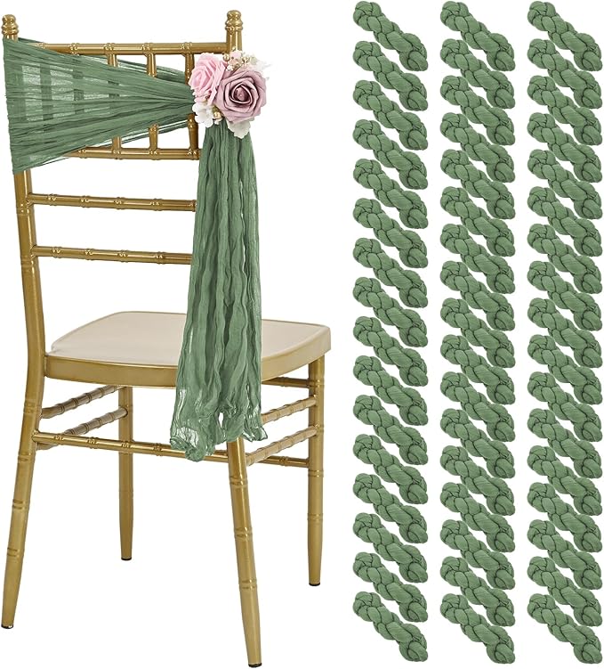 50 PCS Cheesecloth Chair Sashes, Bows Designed ChairSashes, 15.7x70 inch Chair Sashes for Aisle Decorations Universal Chairs Cover Decoration for Wedding Reception Party Banquet (Sage Green)