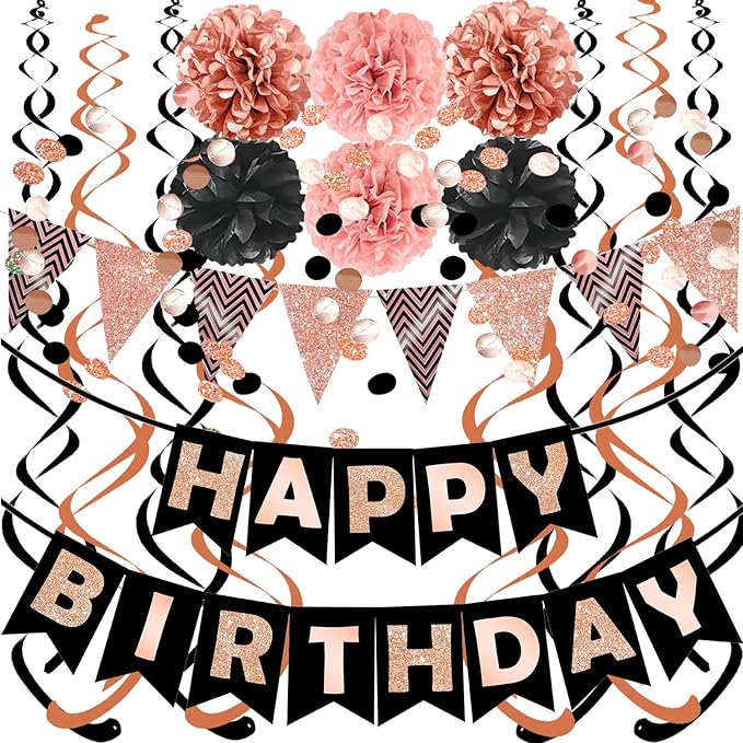 FECEDY Rose Gold Theme Happy Birthday Banner Flag Bunting Paper Circle Confetti Garland Swirl Streamers Honeycomb Ball for Birthday Party Decoration