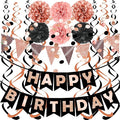 FECEDY Rose Gold Theme Happy Birthday Banner Flag Bunting Paper Circle Confetti Garland Swirl Streamers Honeycomb Ball for Birthday Party Decoration