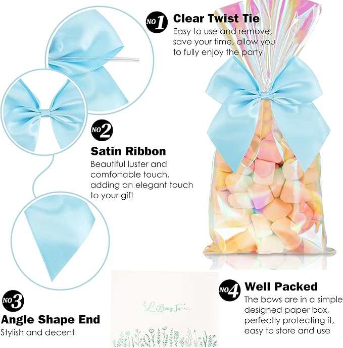 5'' Blue Bow Party Decorations Satin Bows, Twist Tie Bows for Treat Bags, Cake Pops, Pre-Tied Bow Premade Ribbon Bows for Crafts, Holiday Bows for Gift Wrapping, Wedding Decor-24 Counts