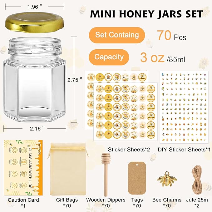 70 Pack 3 oz Mini Hexagon Glass Honey Jars with Dippers, Gold Lids, Bee Stickers, Bee Charms, Gift Bags & Jute– Empty Small Honey Jars for Party Favors Bulk, Ideal for Baby Showers ＆ Weddings