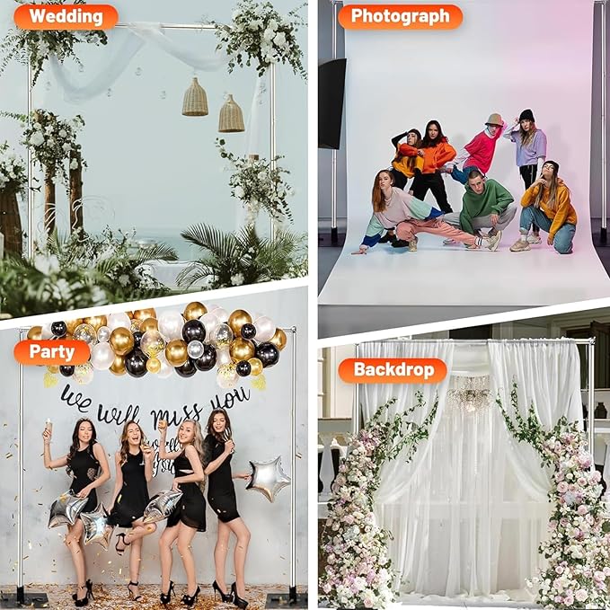 Heavy Duty Pipe and Drape Frame Kit 10x10ft Adjustable Height/Width Photography Background Support Poles All-Metal Construction Backdrop Stand for Party, Birthday, Wedding - Silver