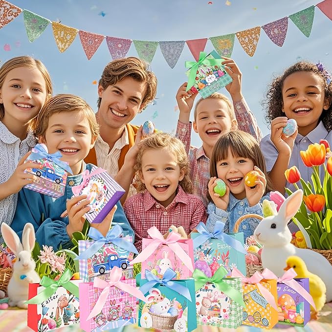 24Pack Small Easter Bags for Goodies,4.5×3.9×1.8inch Small Easter Treat Bags for Kids, Candy, Gifts Wrapping, Party Supplies 12 Unique Pattern