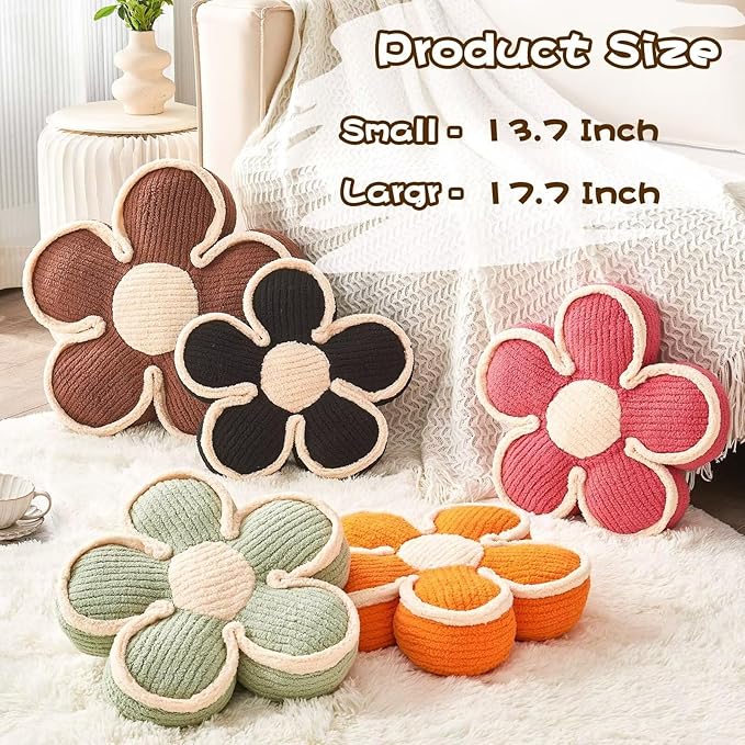 Soft Flower Shaped Floor Cushion, Decorative Throw Pillow, Plush Bedroom Seating Cushion, 13.7 Inch Brown Flower Decor Plush Pillow