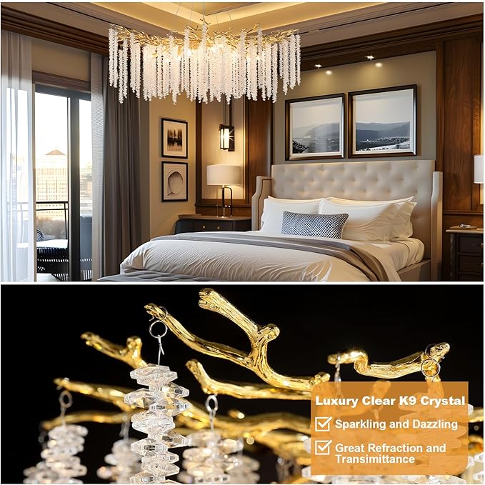 YUYI Modern Crystal Chandelier, 47.2" Gold Tree Branch Chandelier for Dining Room, Round Luxury High Ceiling Chandeliers Pendant Light Over Table, Hanging Fixture for Bedroom, Living Room, Kitchen