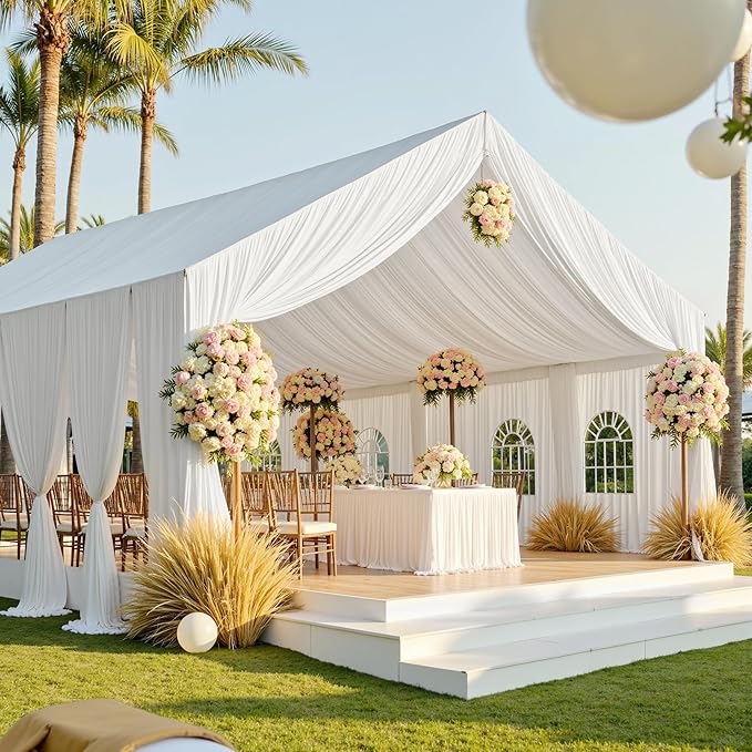 PartyVillage 30ftx40ft White Ceiling Curtain for Wedding Parties – 6 Panels Wrinkle-Free 40 FT Long Tent Draping Curtains for Wedding, Birthday & Theme Parties, 40ft Height with Rod Pocket