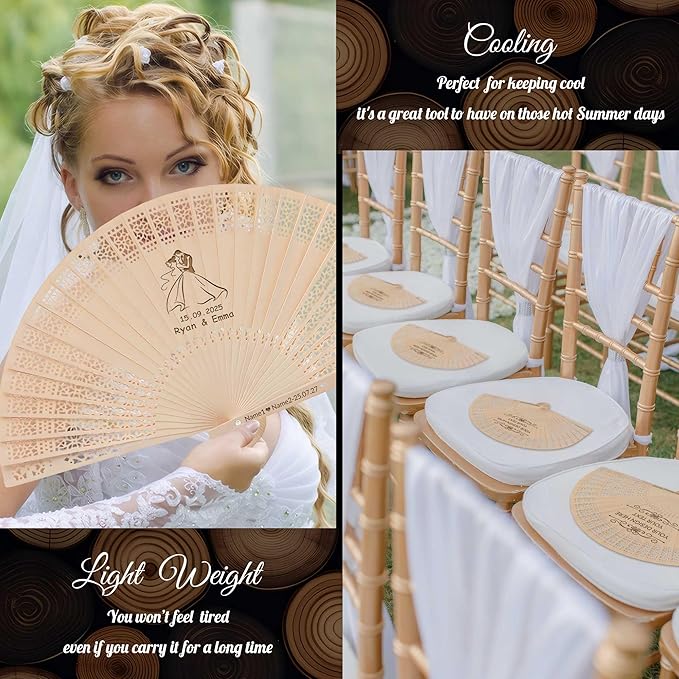 10 PCS Custom Fans Personalized Folding Fans for Line Dancing Wooden Hand Fan Wedding Favors Bulk Fans for Guests Party Event Use (Style08)