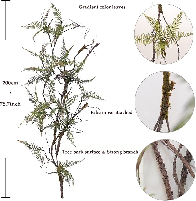 78.7 in Height Set of Artificial Tree Branches with 4pcs Persian Fern Leaves Fake Tree Vines Trunk Twigs Silk Moss Green Plants for Wall Hanging Home Wedding Backdrop Room Shop Decoration