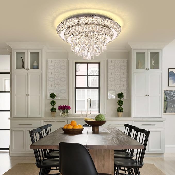 18 inch Crystal Silver Ceiling-Light Flush Mount with Remote Control and APP, 3CCT Dimmable & Brightness Adjustable, Modern Crystal Raindrop Chandeliers for Bedroom Hallway Dinning Room Living Room