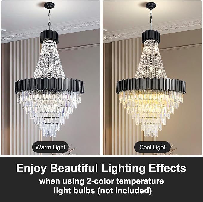 54" Luxury Long Crystal Chandelier for High Ceilings, 21-Light Modern Black Large Chandeliers for Staircase, Foyer, Entryway, Living Room, Hallway, Contemporary K9 Crystal Tiered Chandelier
