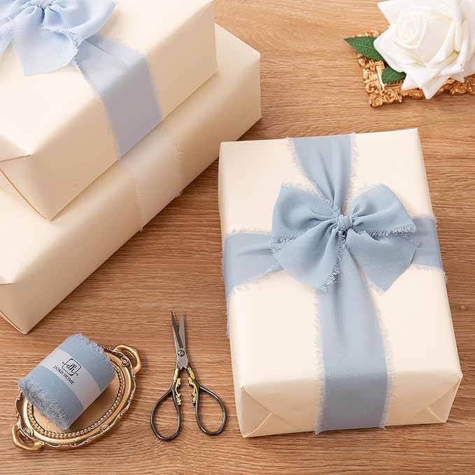 DORIS HOME Dusty Blue Chiffon Ribbon for Flower Bouquet, 2" x21Yd Fabric Ribbon for Gift Wrapping, Handmade Frayed Ribbon for Wedding, Chiffon Silk Ribbon for Christmas Decorations