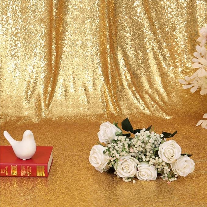 Eternal Beauty Gold Sequin Backdrop Curtains, Shimmer Back Drop 4Panels-2FTx8FT for Christmas, Party, Birthday, Photography, Wedding, Baby Shower Event Decoration