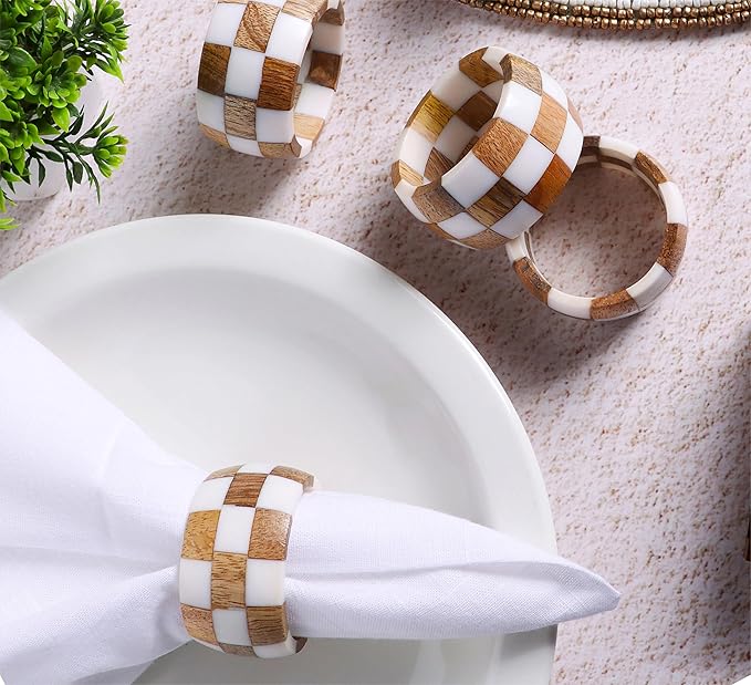 Rustic Napkin Rings Setof 12 - Handmade Epoxy & Wood Napkin Holders for Table Decor, Wedding, Easter, Thanksgiving, Party & Dining – Modern Farmhouse Accessories (Brown Cream) - ALPHA Living HOME
