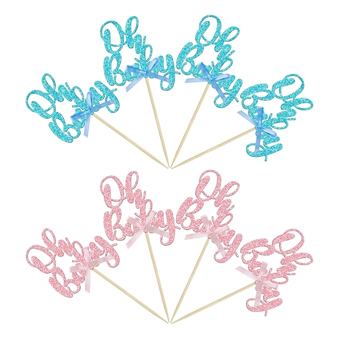 Gyufise 36Pcs Oh Baby Cupcake Toppers Pink Blue Bow Glitter Baby Shower Gender Reveal Cupcake Picks for Boy or Girl Theme Baby Shower Kids Birthday Party Cake Decorations Supplies